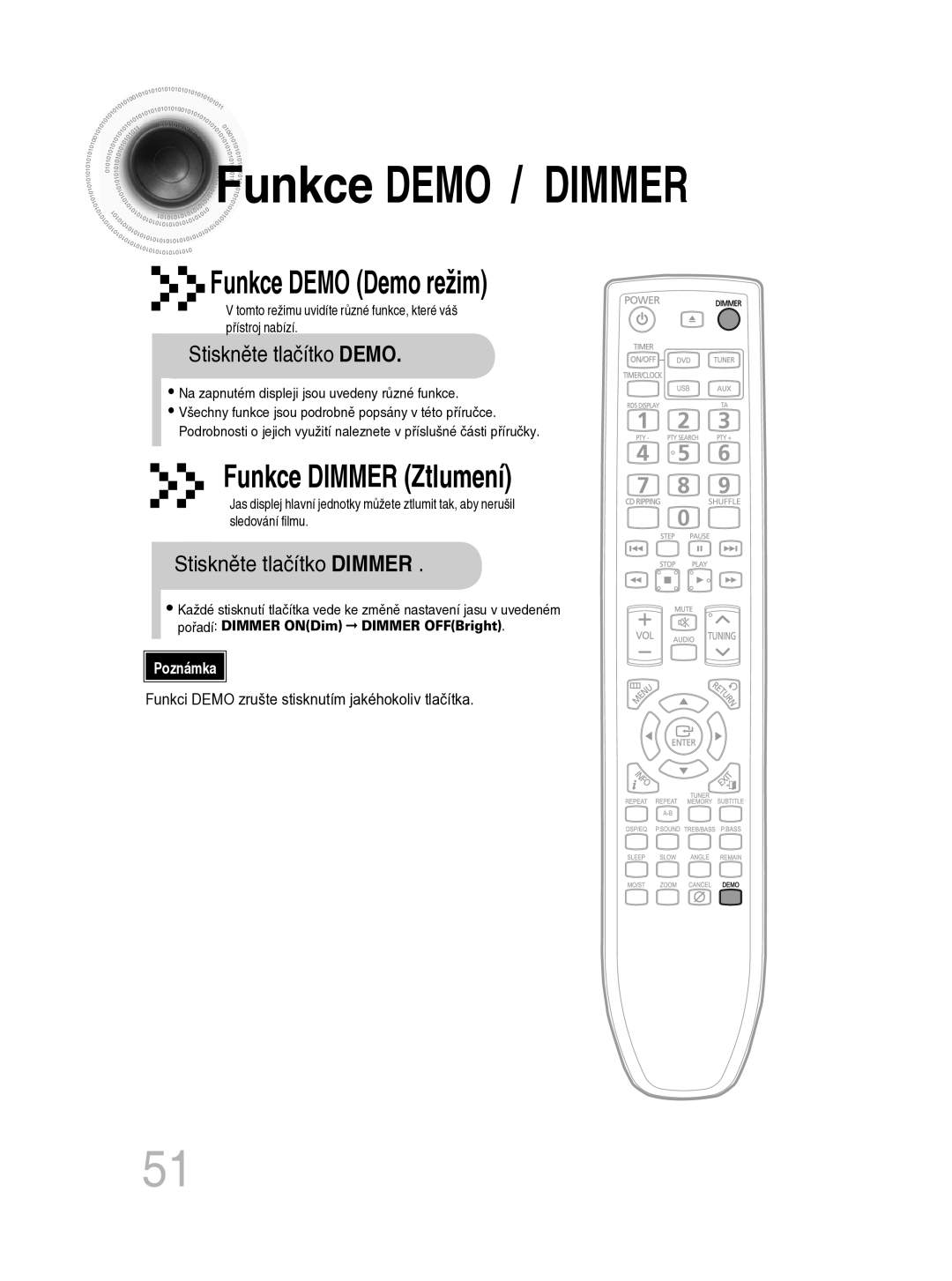 Samsung MM-C330D/EDC manual Funkce Demo / Dimmer, Stiskněte tlačítko Demo, Stiskněte tlačítko Dimmer 