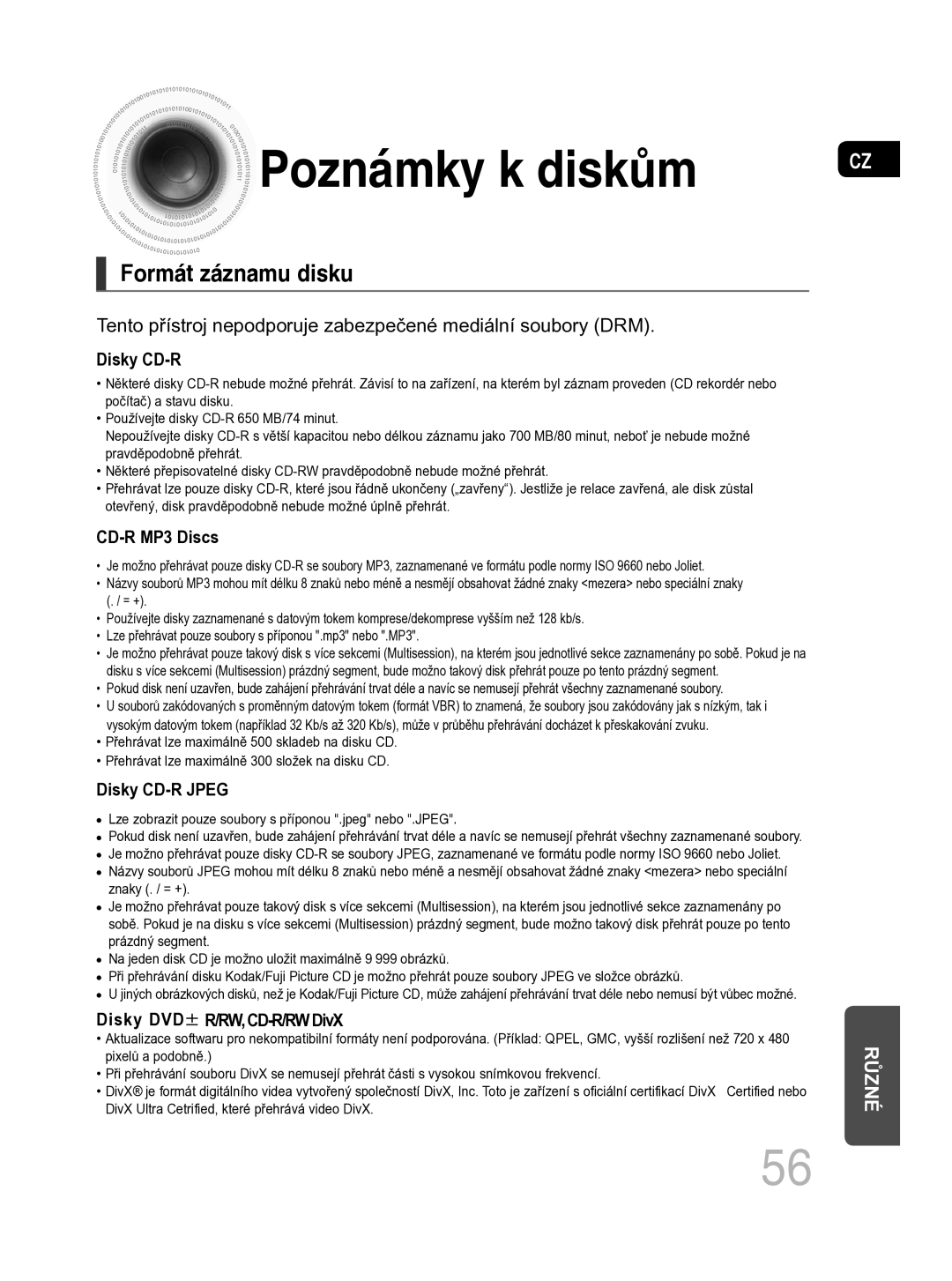 Samsung MM-C330D/EDC manual Poznámky k diskům, Lze zobrazit pouze soubory s příponou .jpeg nebo .JPEG 