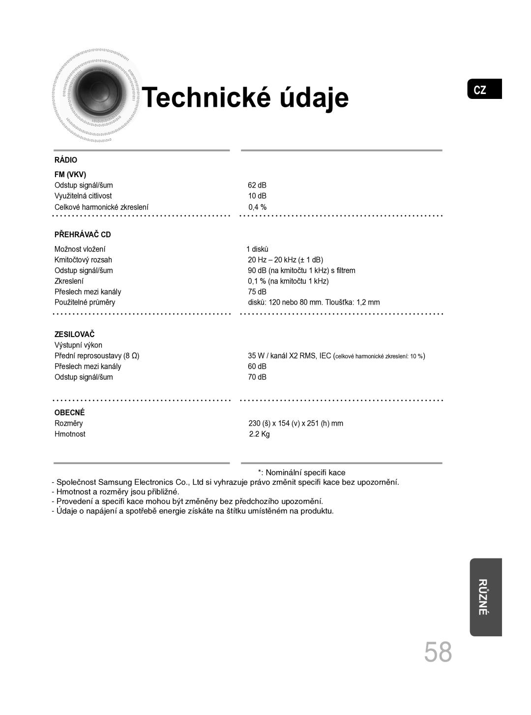 Samsung MM-C330D/EDC manual Technické údaje 