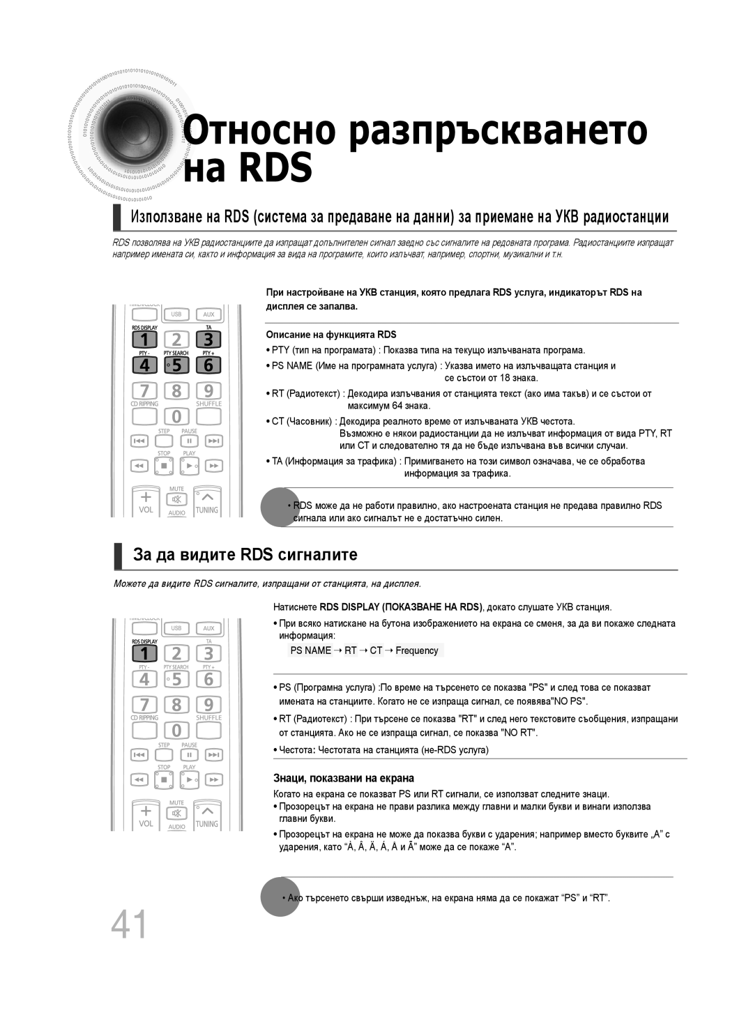 Samsung MM-C330D/EDC manual За да видите RDS сигналите, на RDS, Относно разпръскването, Знаци, показвани на екрана 