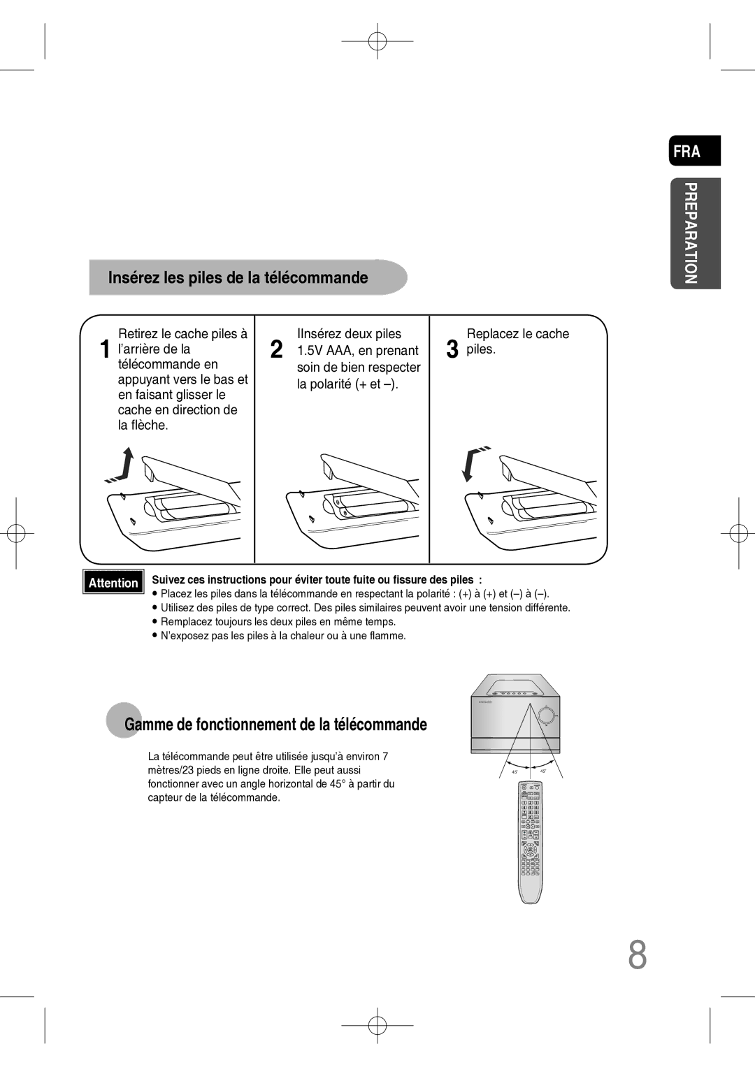 Samsung MM-C330D/XEF manual Gamme de fonctionnement de la télécommande, Replacez le cache Piles 