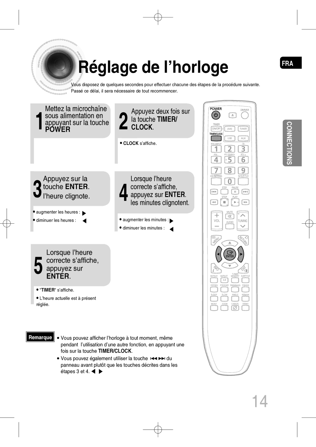 Samsung MM-C330D/XEF manual Réglage de l’horloge, Mettez la microchaîne, Appuyez sur la, Lorsque l’heure 