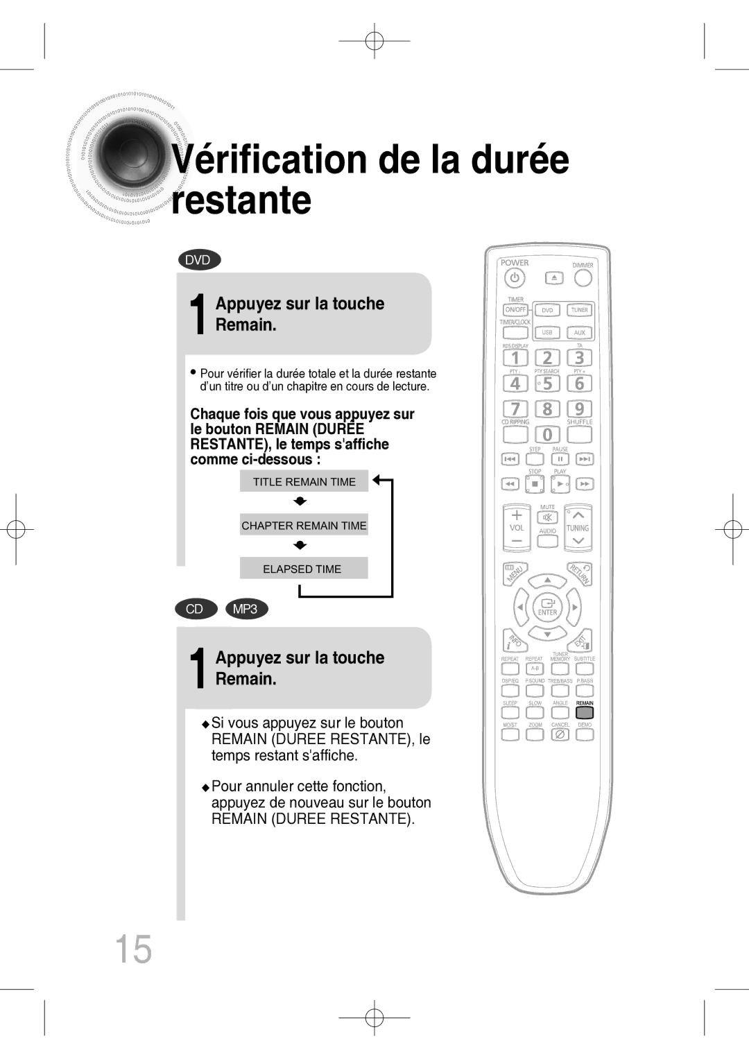 Samsung MM-C330D/XEF manual Vérification de la durée restante, 1Appuyez sur la touche Remain 