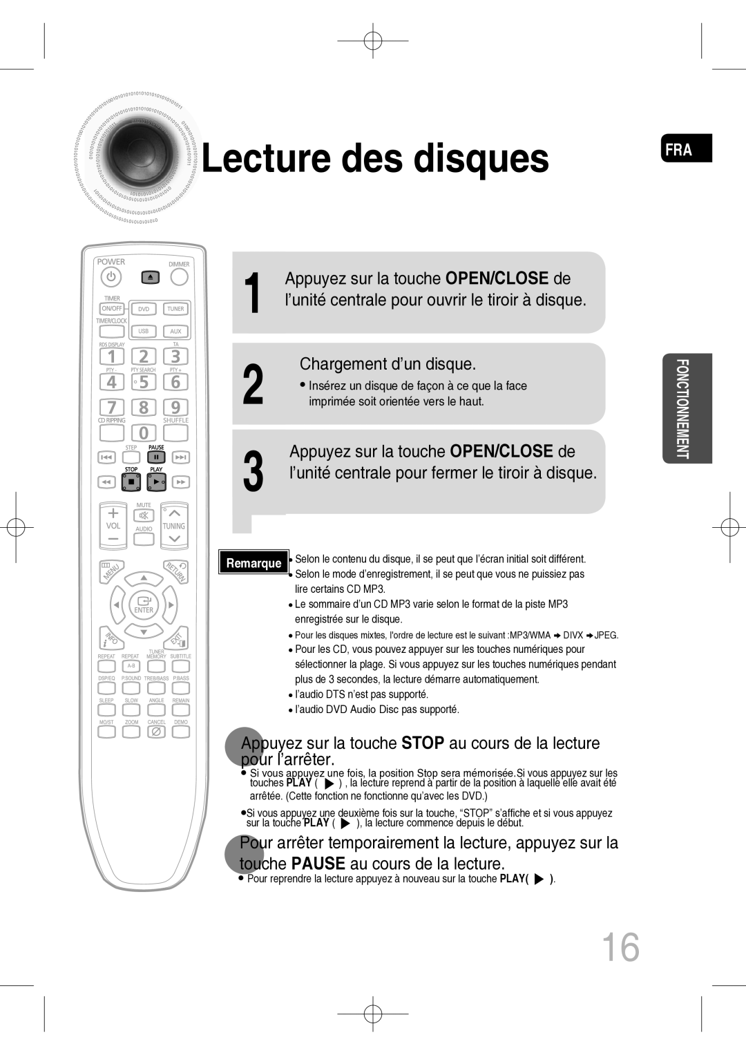 Samsung MM-C330D/XEF manual Lecture des disques, Appuyez sur la touche OPEN/CLOSE de, Chargement d’un disque 