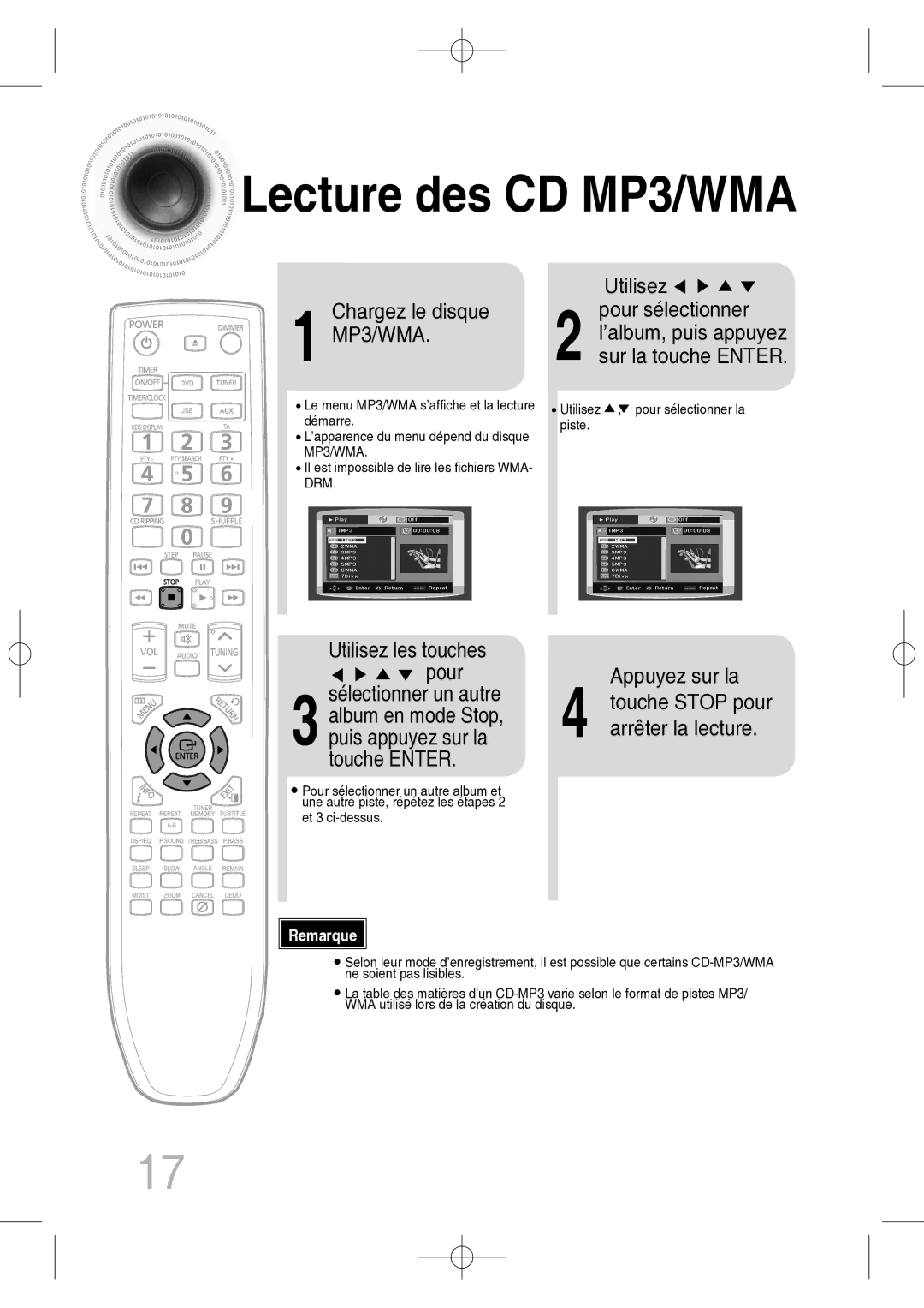 Samsung MM-C330D/XEF manual Lecture des CD MP3/WMA, Utilisez, Chargez le disque Pour sélectionner MP3/WMA 