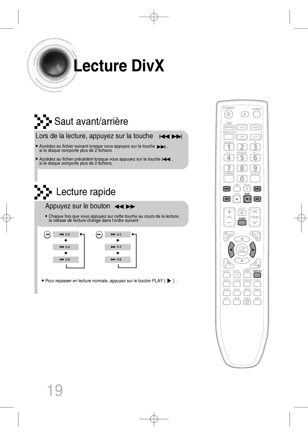 Samsung MM-C330D/XEF manual Lecture DivX, Appuyez sur le bouton, Lors de la lecture, appuyez sur la touche 