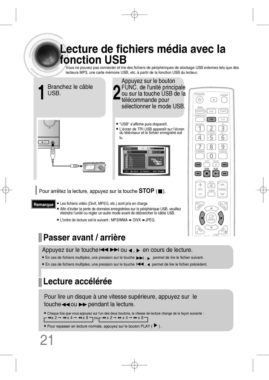 Samsung MM-C330D/XEF manual 1Branchez le câble USB Appuyez sur le bouton, Appuyez sur le touche ou , en cours de lecture 