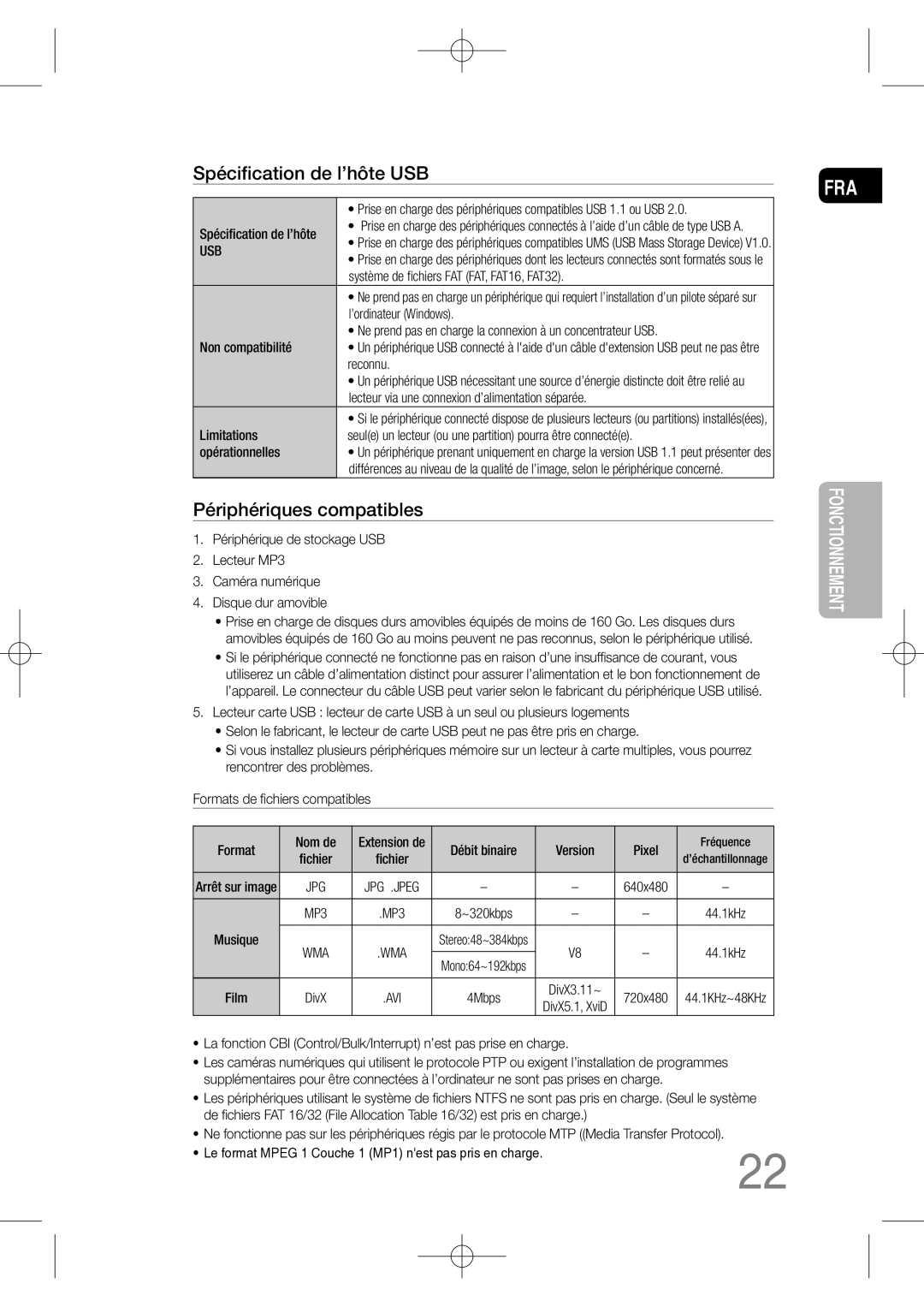 Samsung MM-C330D/XEF manual Spéciﬁcation de l’hôte USB 