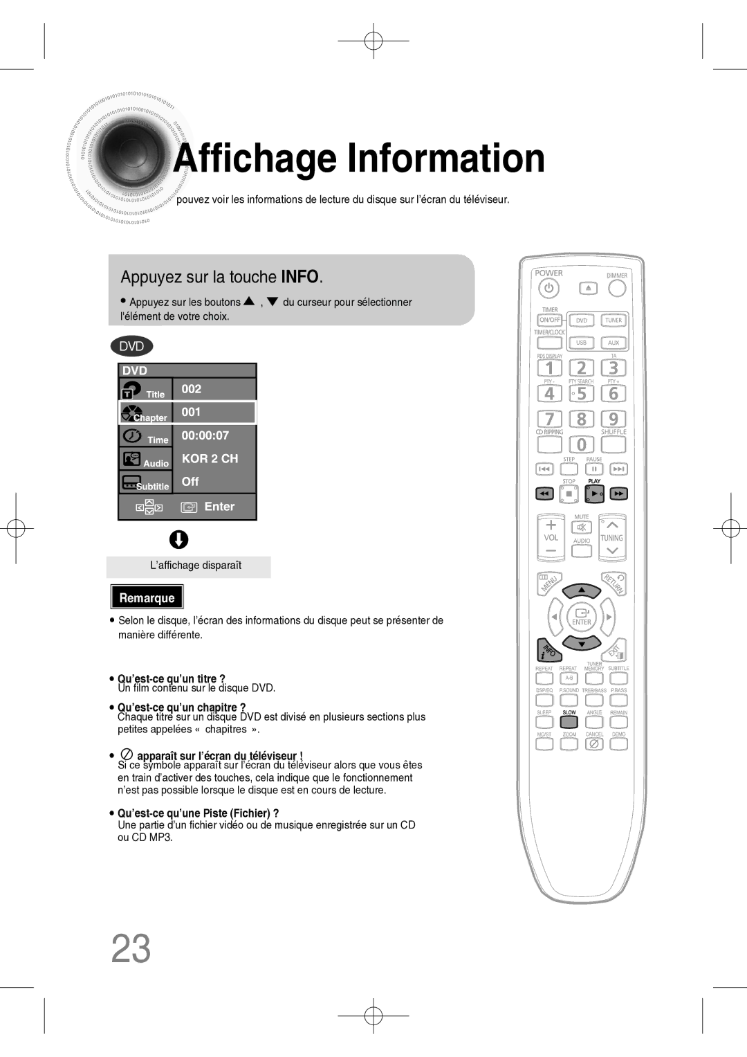 Samsung MM-C330D/XEF manual Affichage Information, Appuyez sur la touche Info 