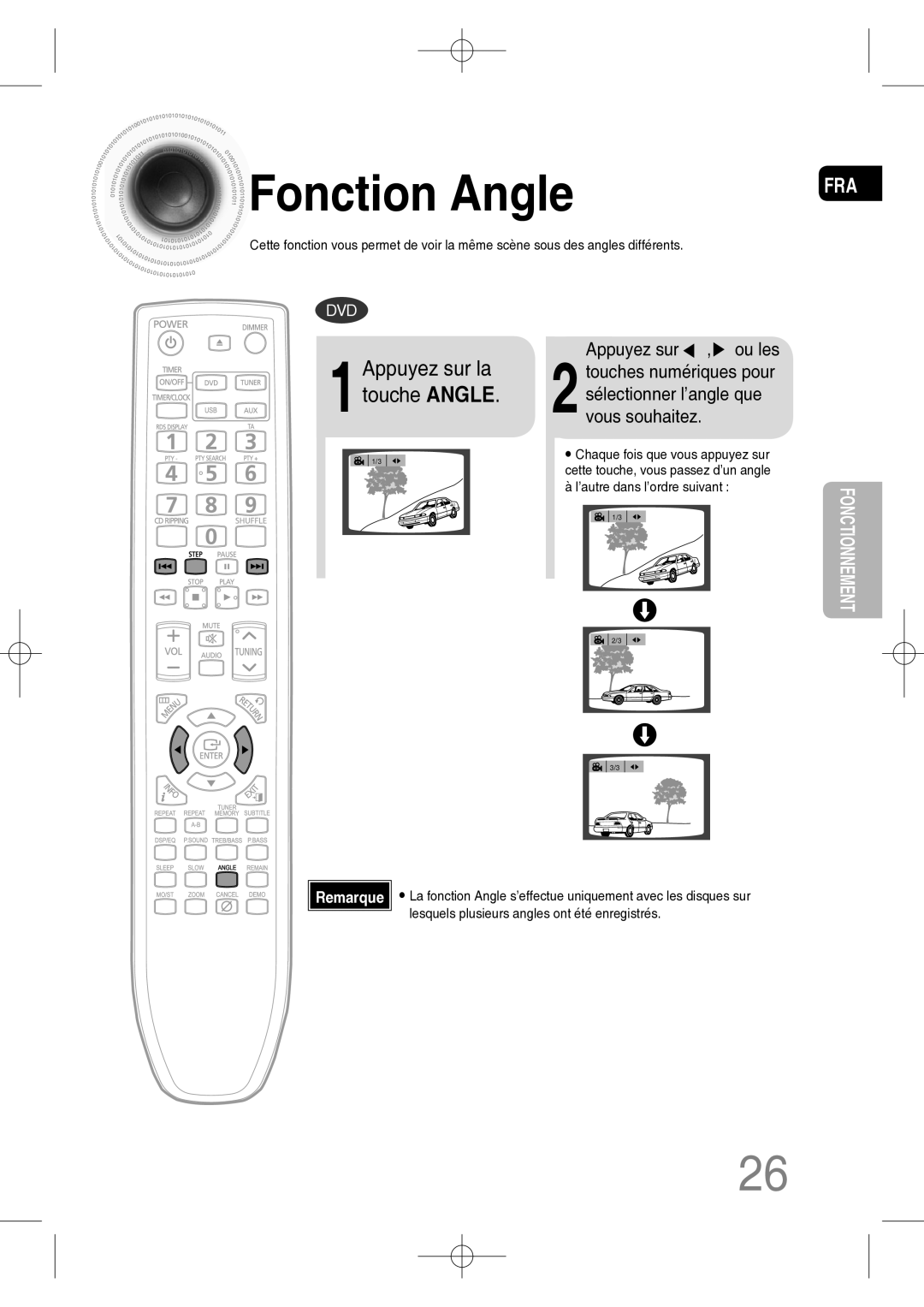 Samsung MM-C330D/XEF manual Fonction Angle, 1Appuyez sur la touche Angle, Appuyez sur , ou les 