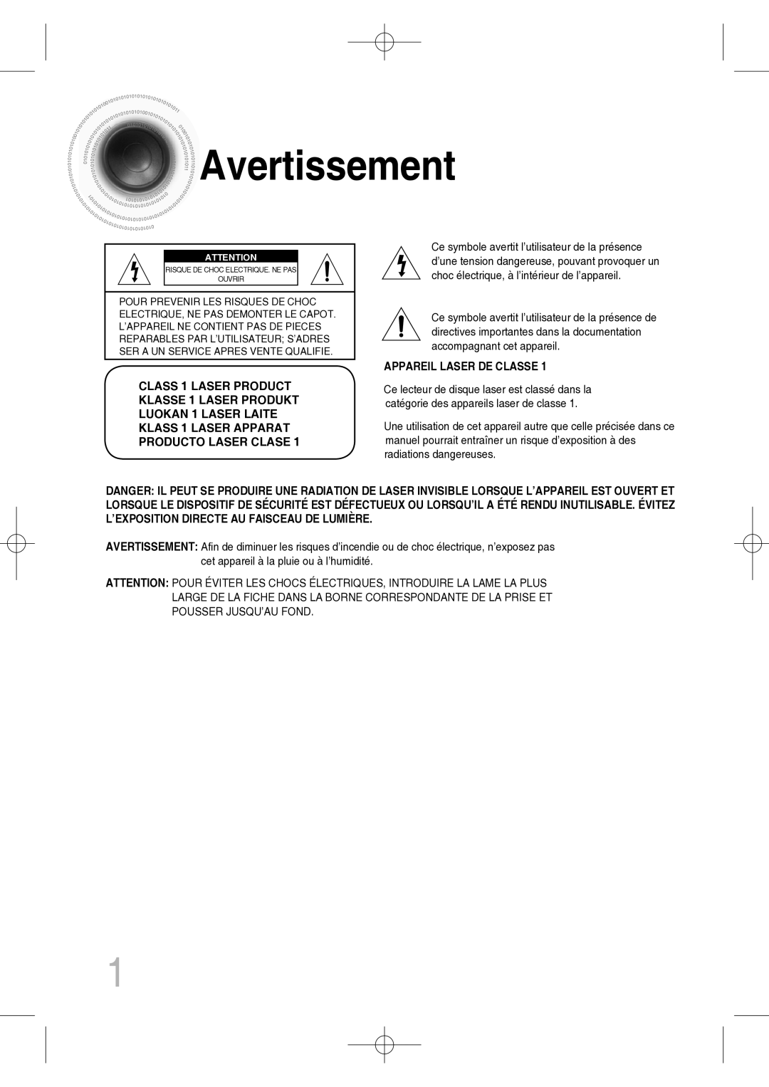 Samsung MM-C330D/XEF manual Avertissement, Appareil Laser DE Classe 