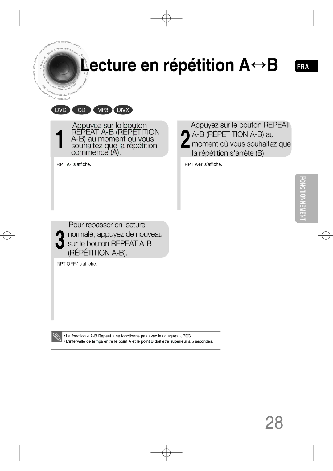 Samsung MM-C330D/XEF manual Lecture en répétition a B FRA, Appuyez sur le bouton 