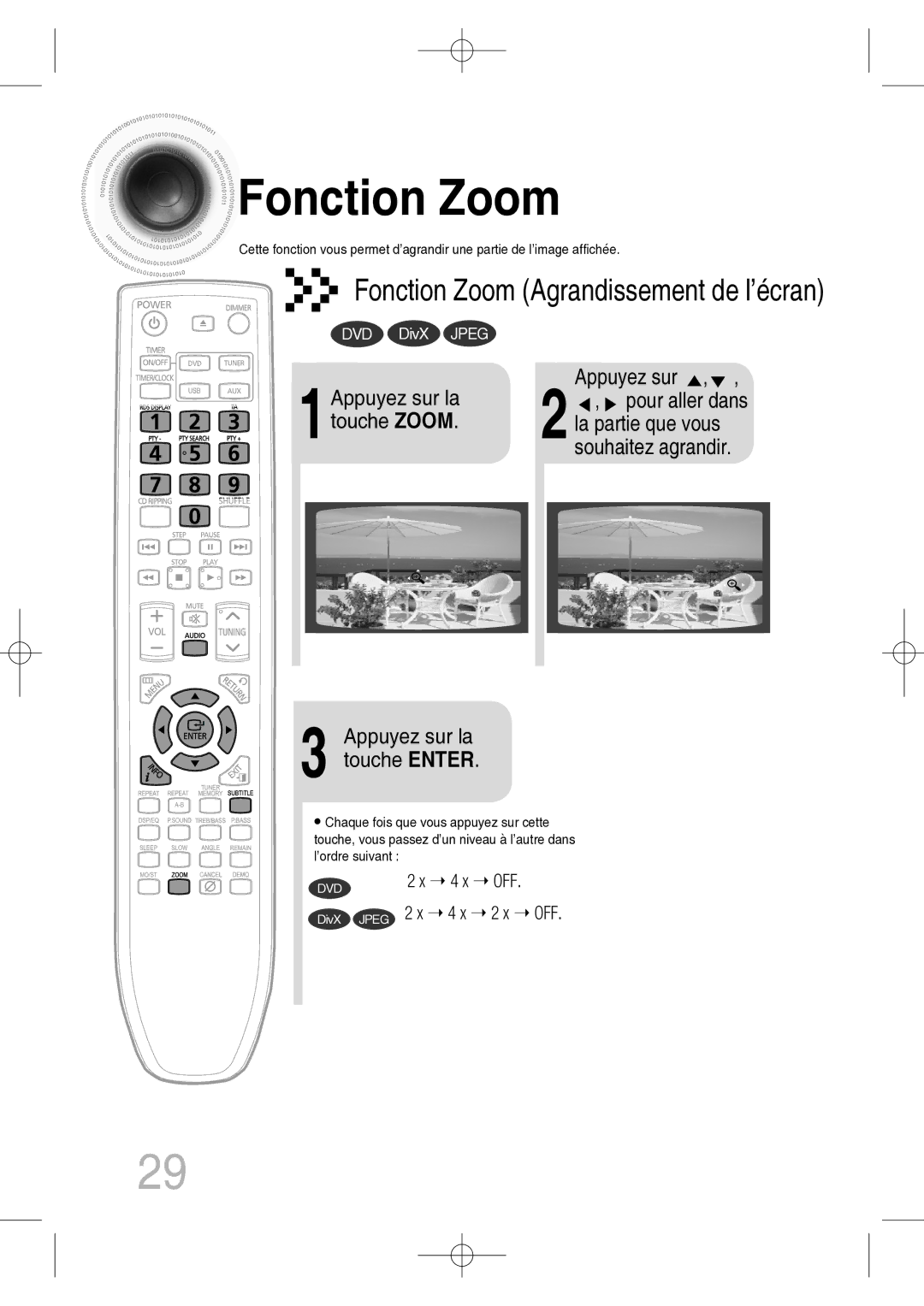 Samsung MM-C330D/XEF manual Fonction Zoom, 1Appuyez sur la touche Zoom, Appuyez sur la touche Enter 