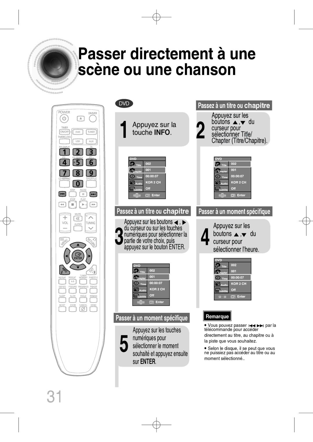 Samsung MM-C330D/XEF manual Passer directement à une scène ou une chanson, Appuyez sur les, Appuyez sur la touche Info 