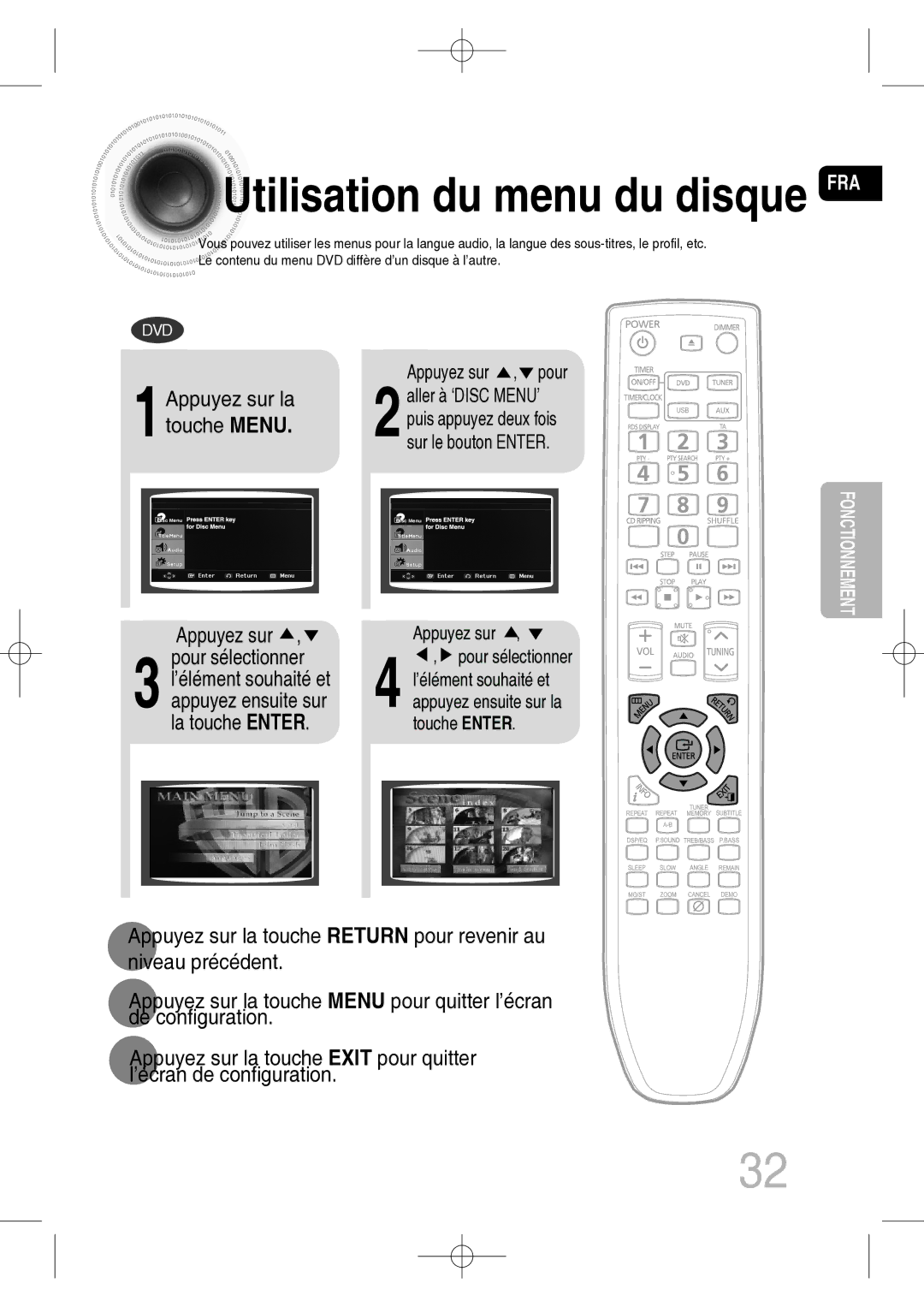 Samsung MM-C330D/XEF manual Utilisation du menu du disque FRA, Appuyez sur, La touche Enter, Appuyez ensuite sur 