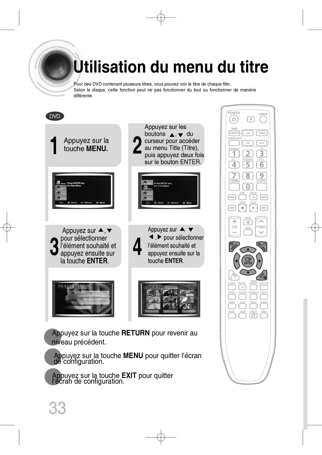 Samsung MM-C330D/XEF manual Utilisation du menu du titre, Appuyez sur la touche Menu, Appuyez sur les boutons , du 