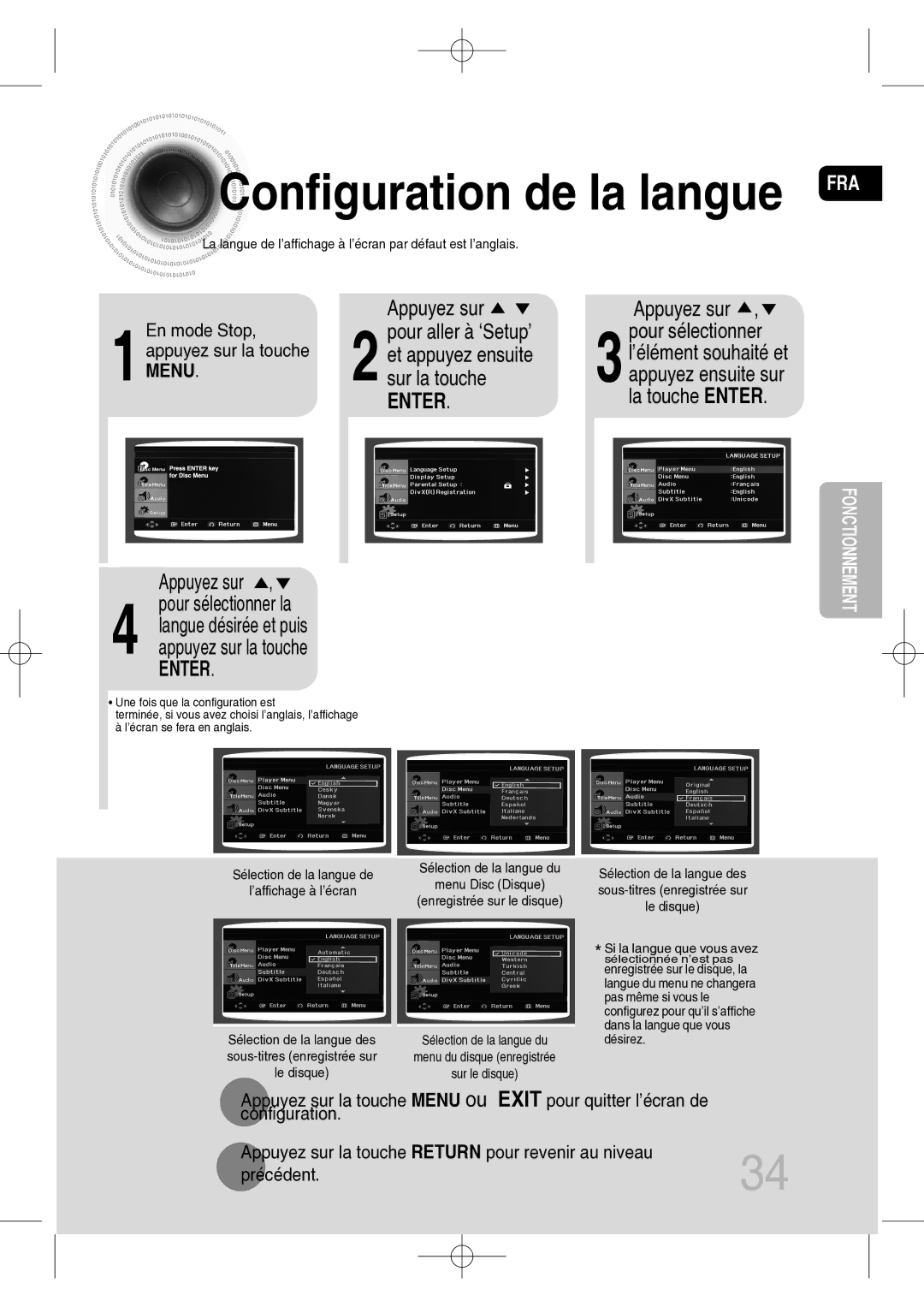 Samsung MM-C330D/XEF manual Configuration de la langue FRA, Sur la touche, 1En mode Stop, appuyez sur la touche Menu 