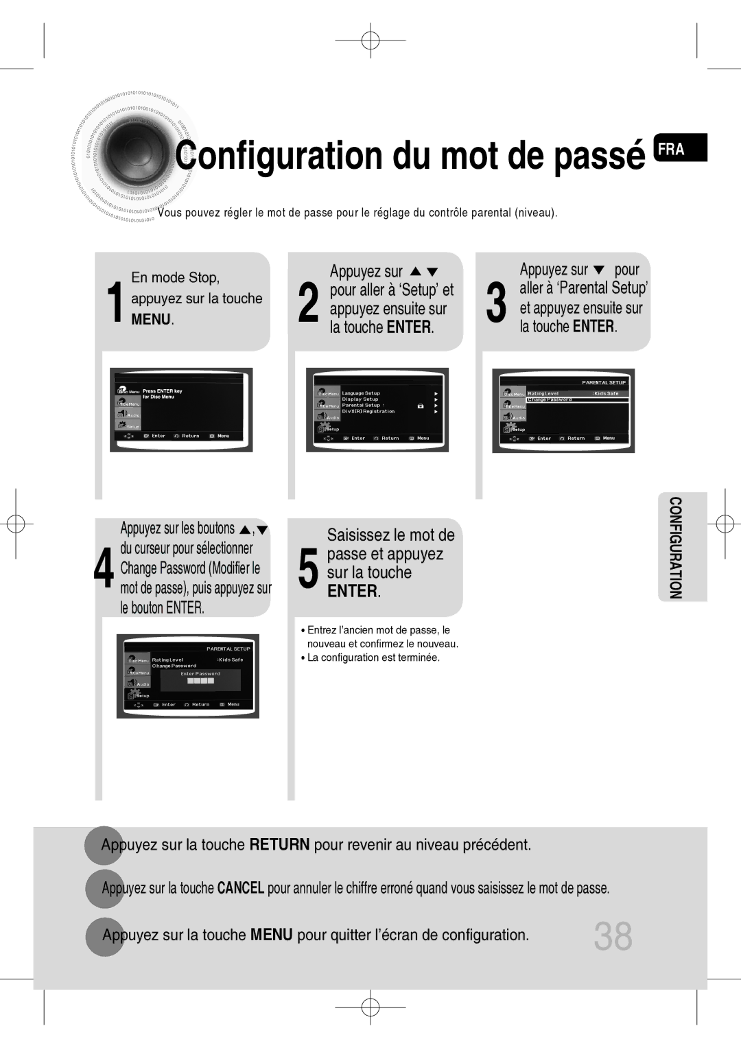 Samsung MM-C330D/XEF manual Configuration du mot de passé FRA, Appuyez sur, Pour aller à ‘Setup’ et, La touche Enter 