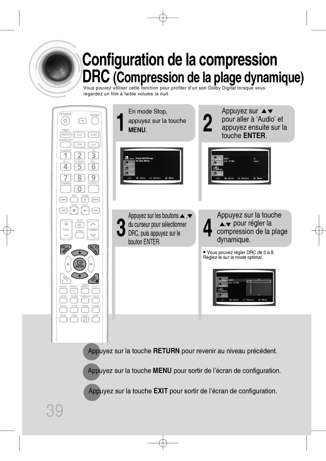 Samsung MM-C330D/XEF manual Touche Enter, Pour aller à ‘Audio’ et, En mode Stop, Appuyez ensuite sur la 