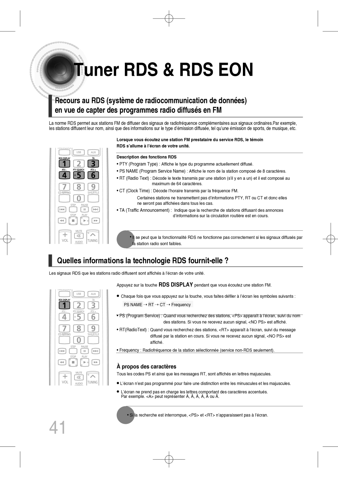 Samsung MM-C330D/XEF Tuner RDS & RDS EON, Quelles informations la technologie RDS fournit-elle ?, Propos des caractères 