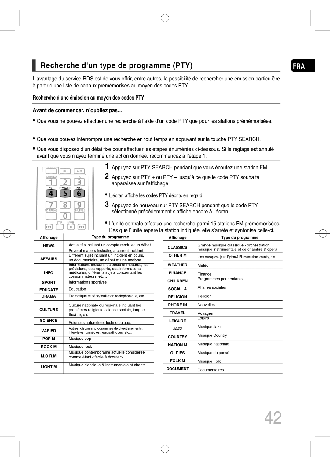 Samsung MM-C330D/XEF manual Recherche dun type de programme PTY, Avant de commencer, n’oubliez pas… 