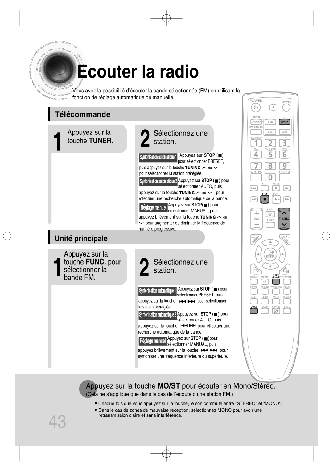 Samsung MM-C330D/XEF manual Ecouter la radio, Télécommande, Unité principale, Sélectionnez une station 