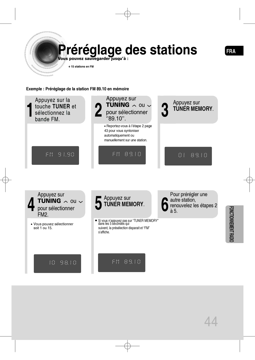 Samsung MM-C330D/XEF manual Préréglage des stations, 5Appuyez sur, Exemple Préréglage de la station FM 89.10 en mémoire 