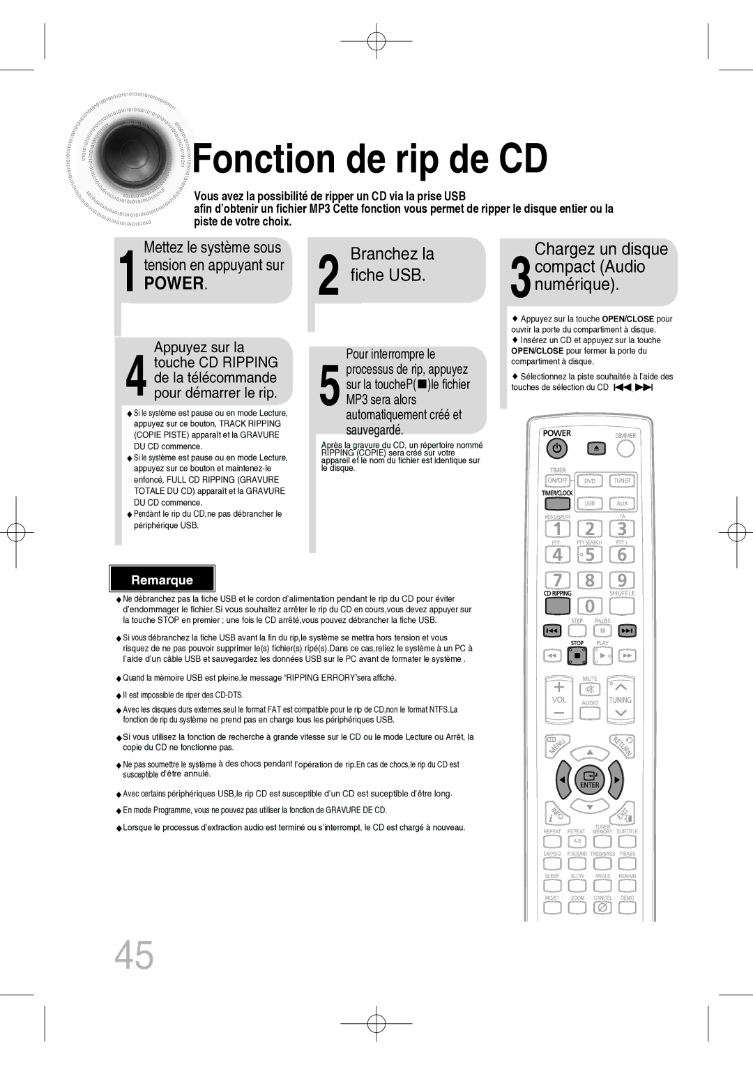 Samsung MM-C330D/XEF manual Fonction de rip de CD, Chargez un disque 3compact Audio Numérique, Mettez le système sous 