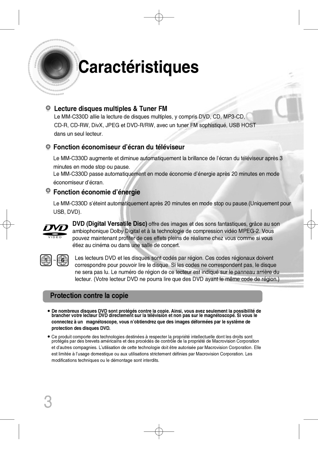 Samsung MM-C330D/XEF manual Caractéristiques, Protection contre la copie 