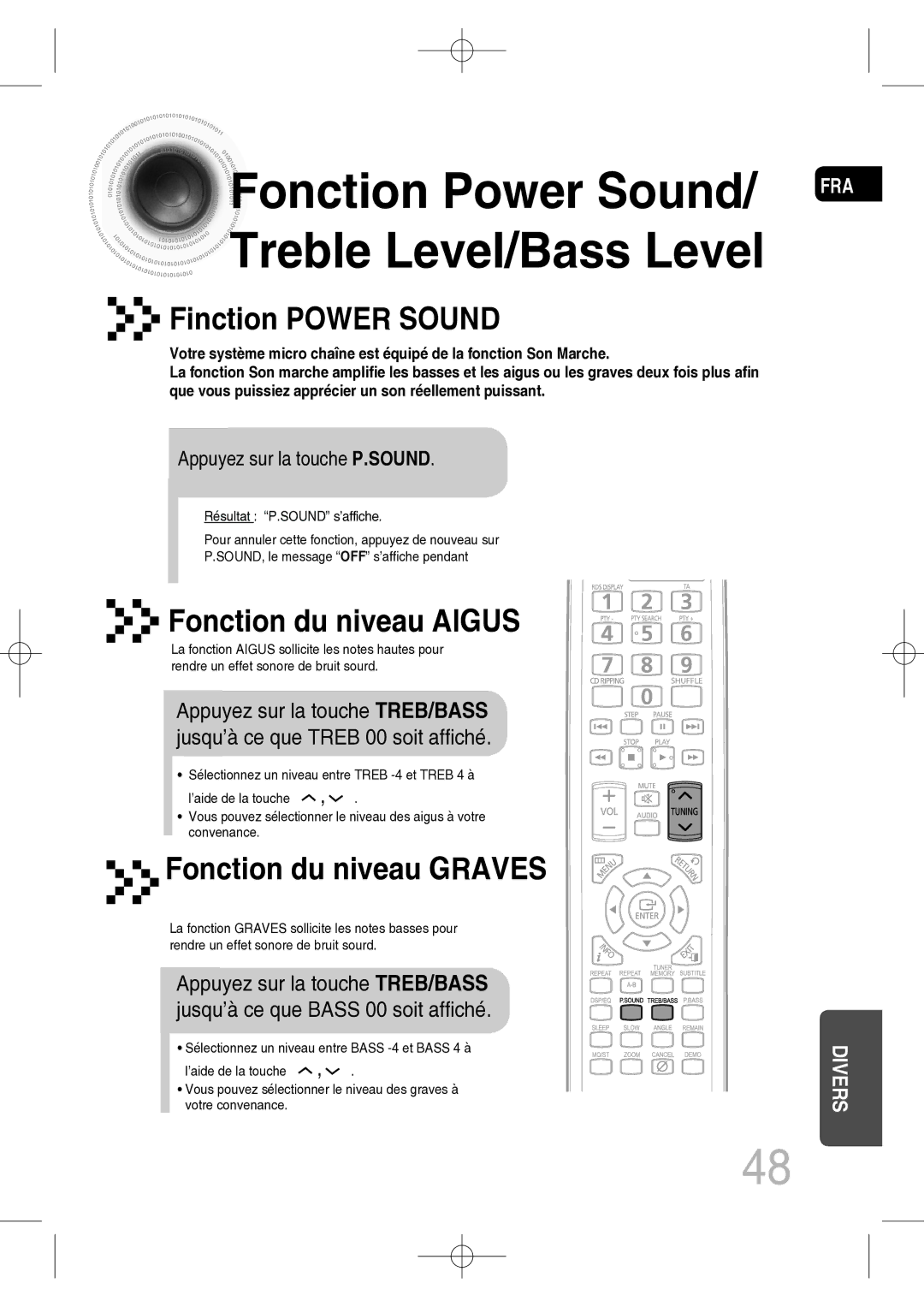 Samsung MM-C330D/XEF manual Fonction Power Sound/ Treble Level/Bass Level, Appuyez sur la touche P.SOUND 