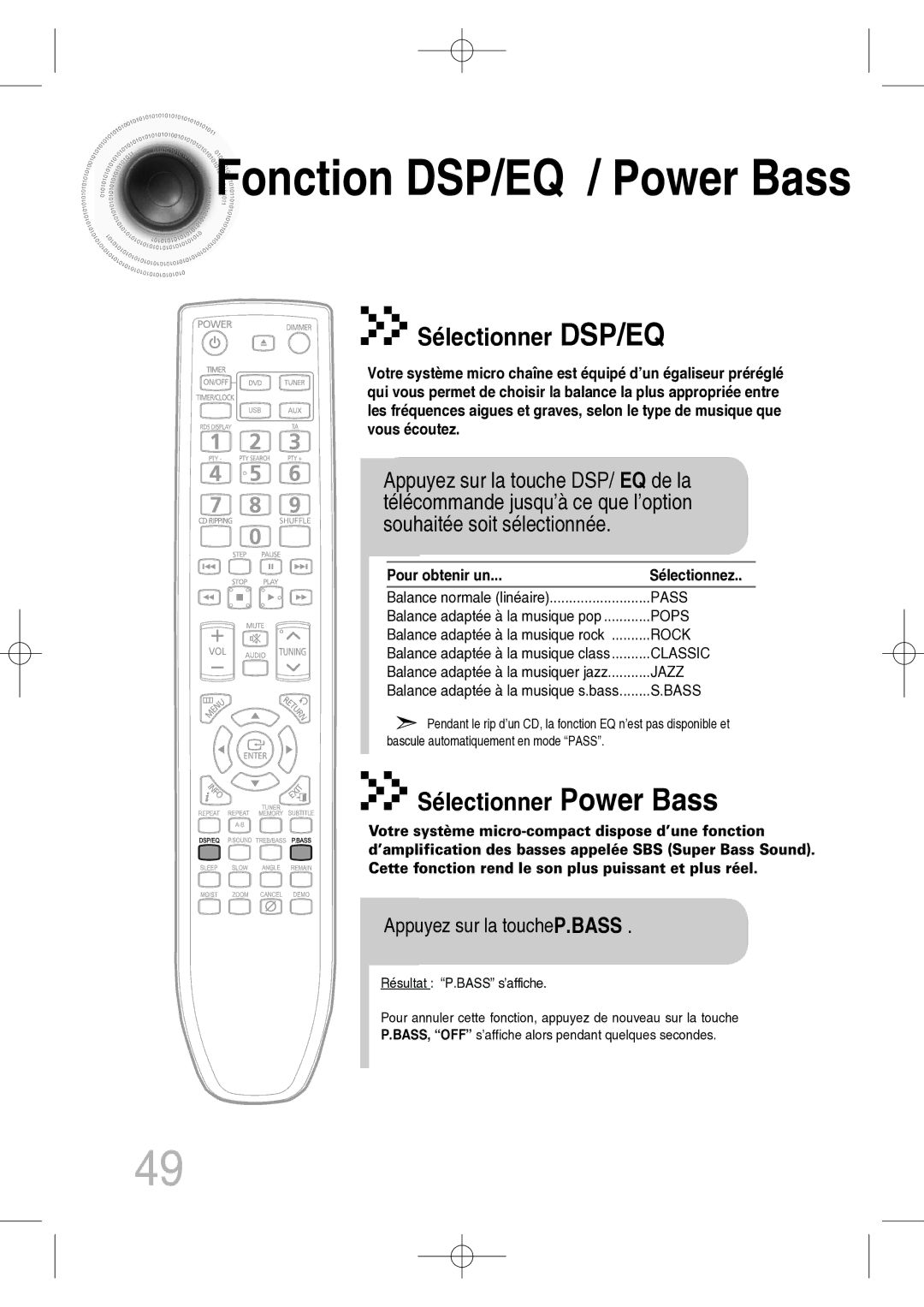 Samsung MM-C330D/XEF manual Fonction DSP/EQ / Power Bass, Appuyez sur la toucheP.BASS, Pour obtenir un Sélectionnez 