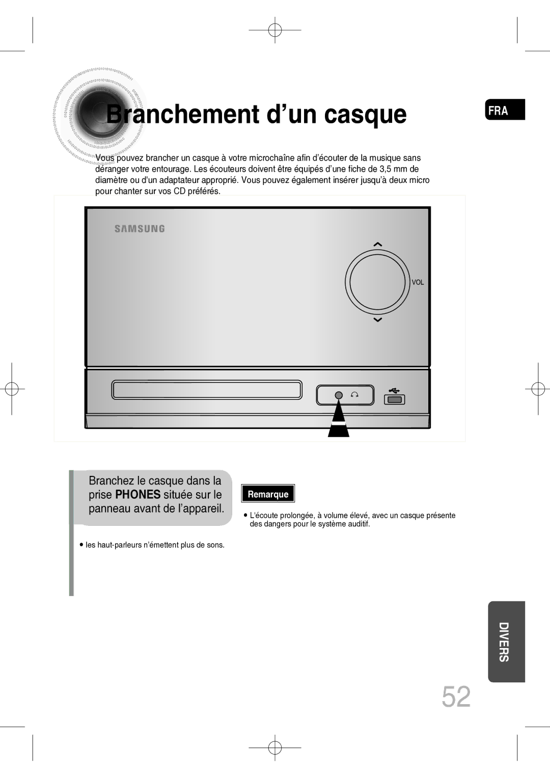 Samsung MM-C330D/XEF manual Branchement d’un casque 