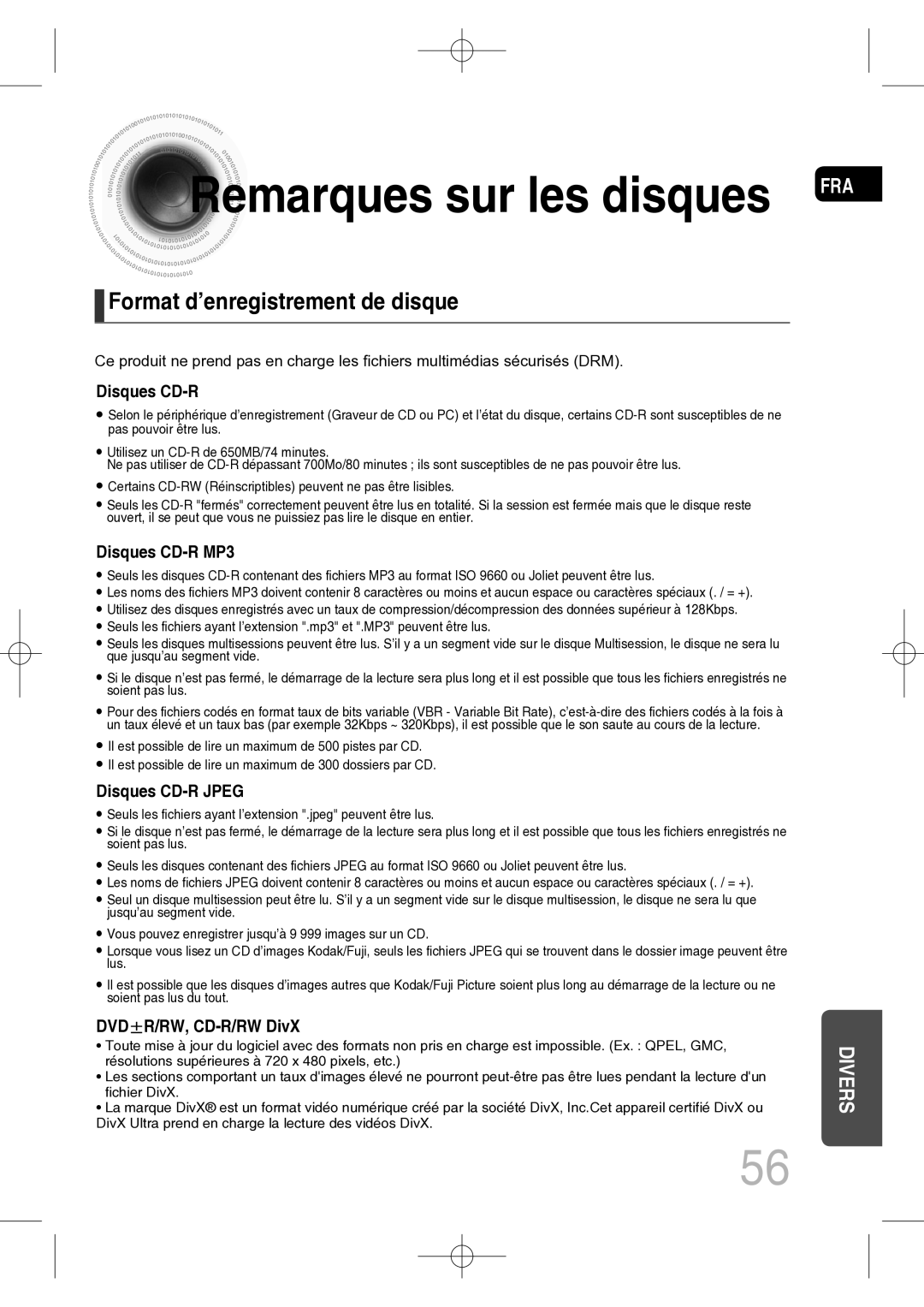 Samsung MM-C330D/XEF manual Remarques sur les disques, Format d’enregistrement de disque 