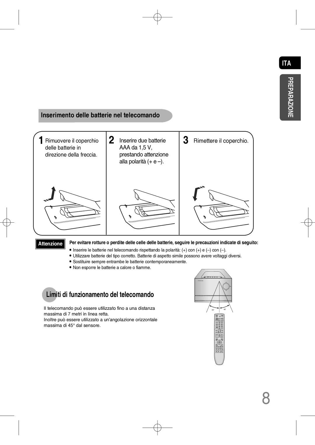 Samsung MM-C330D/XEF manual Limiti di funzionamento del telecomando, Inserimento delle batterie nel telecomando 