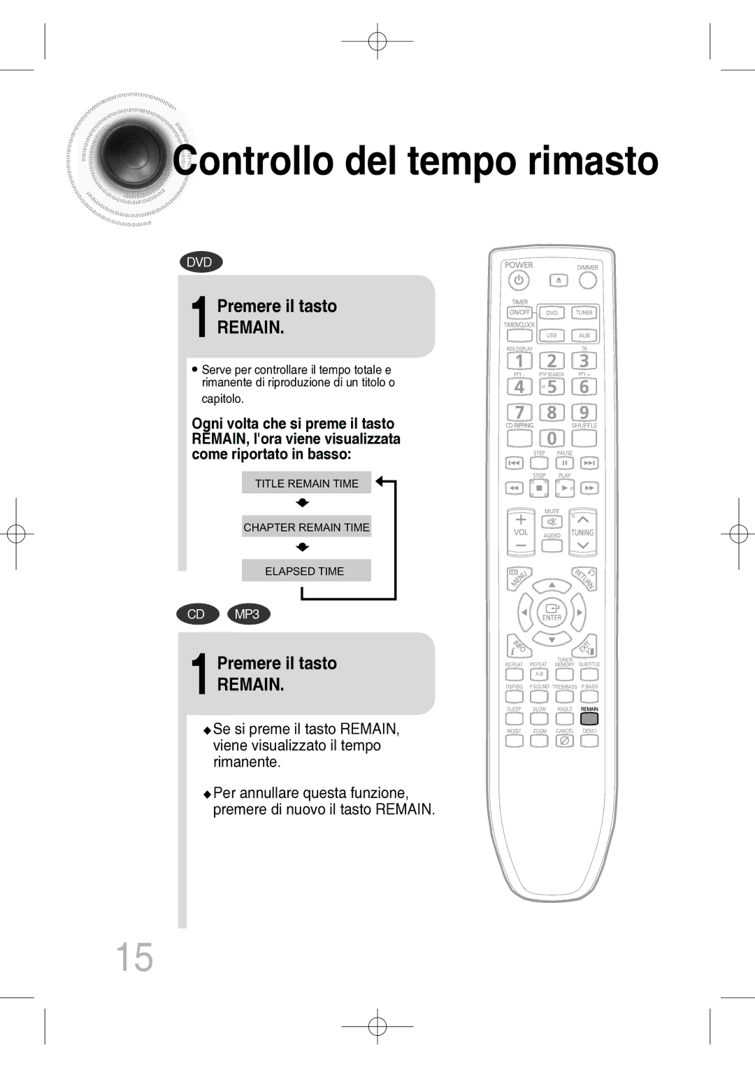 Samsung MM-C330D/XEF manual Controllo del tempo rimasto, 1Premere il tasto, Remain 