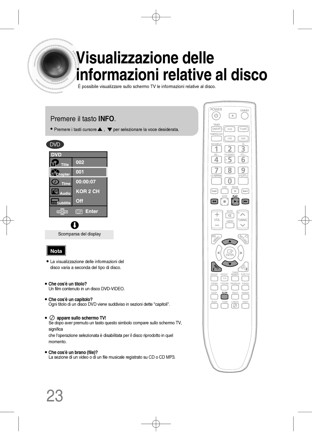 Samsung MM-C330D/XEF manual Visualizzazione delle informazioni relative al disco, Premere il tasto Info 