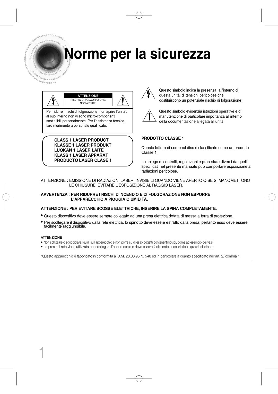 Samsung MM-C330D/XEF manual Norme per la sicurezza, Attenzione 