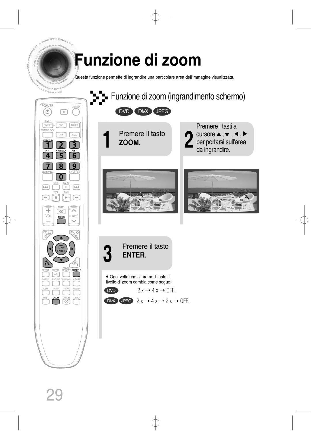 Samsung MM-C330D/XEF manual Funzione di zoom, Premere i tasti a Cursore, Enter, Premere il tasto 