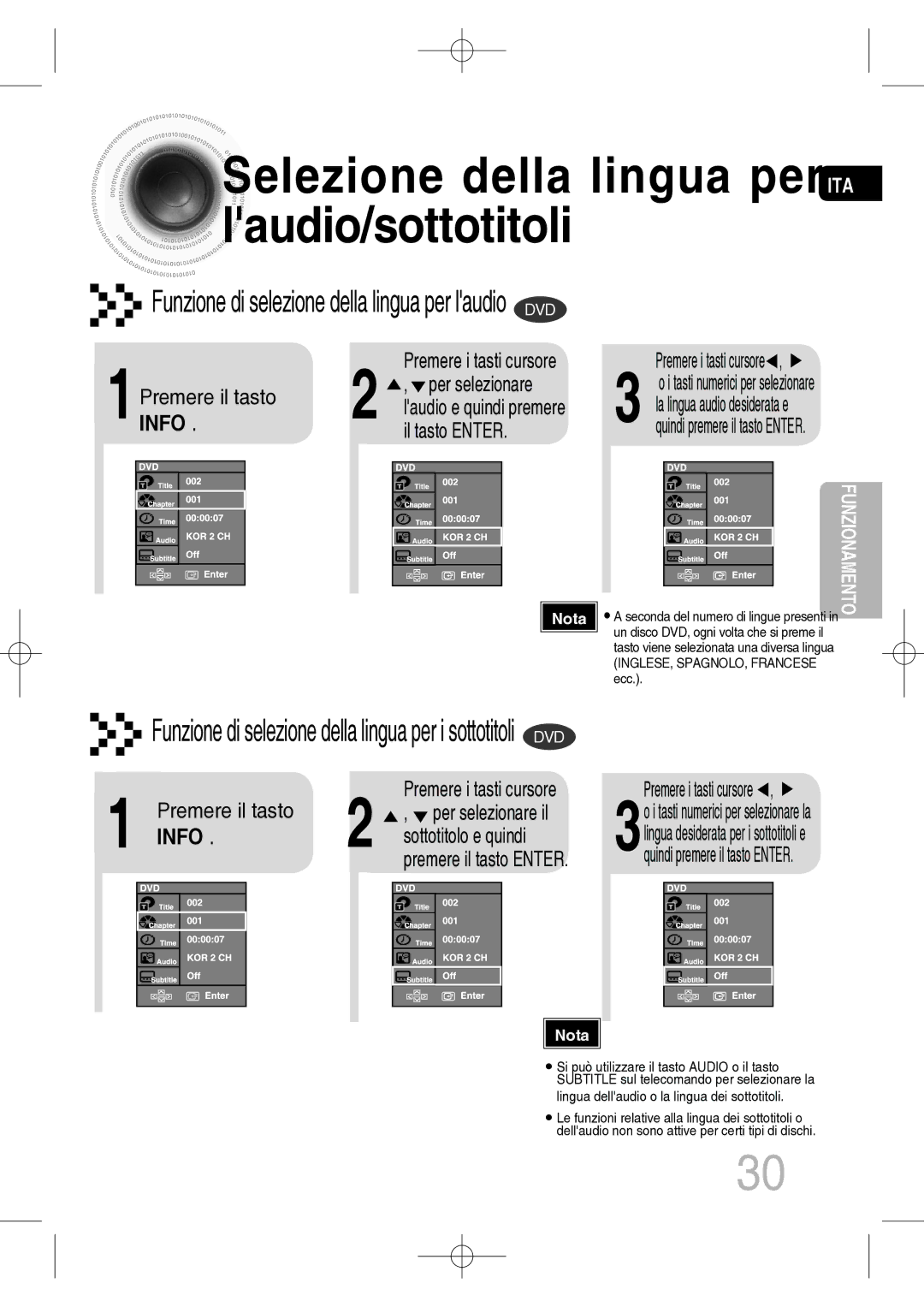 Samsung MM-C330D/XEF manual Selezione della lingua perITA laudio/sottotitoli, 1INFO, Il tasto Enter, Info 