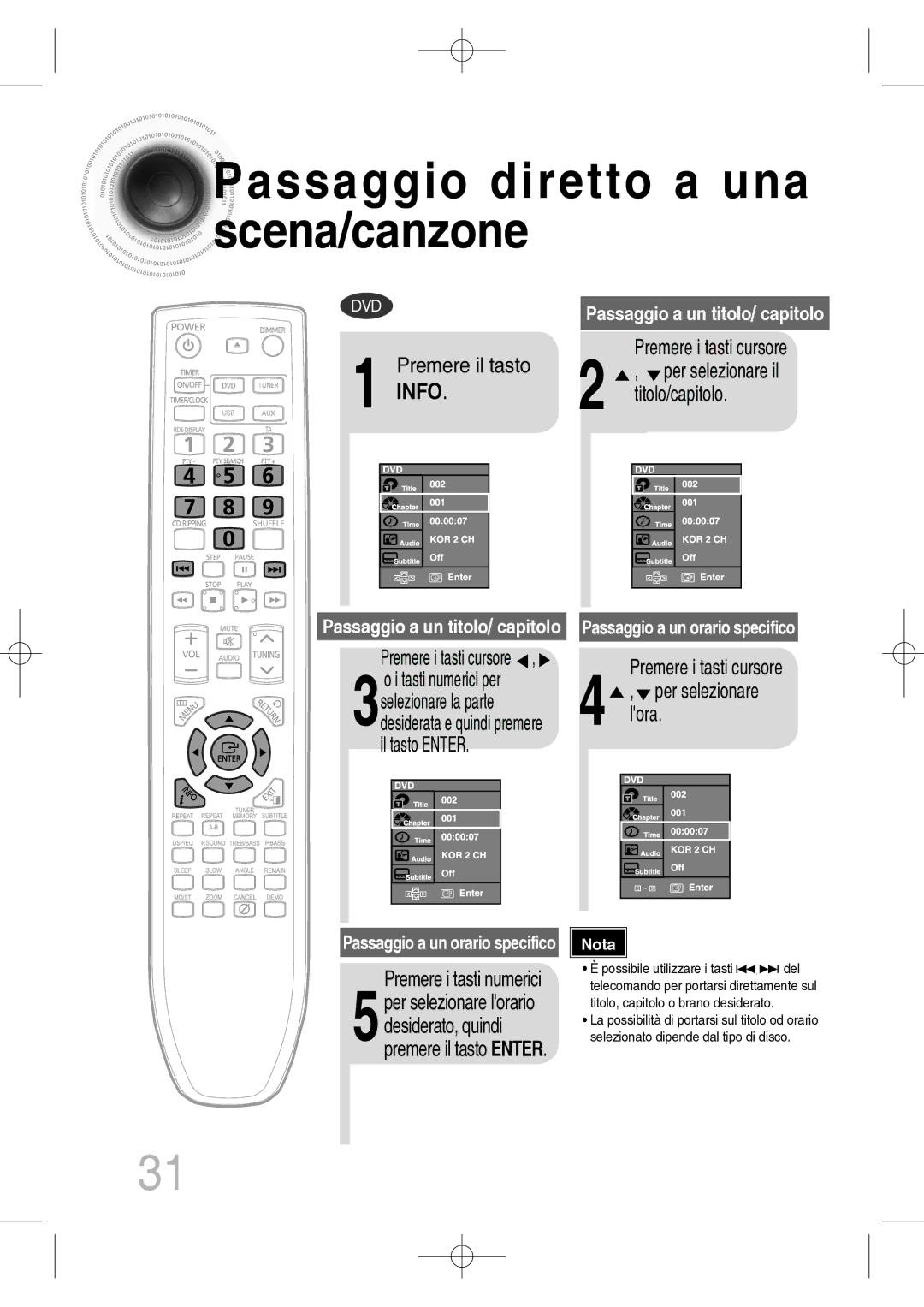 Samsung MM-C330D/XEF manual Passaggio diretto a una scena/canzone, Titolo/capitolo, Lora 