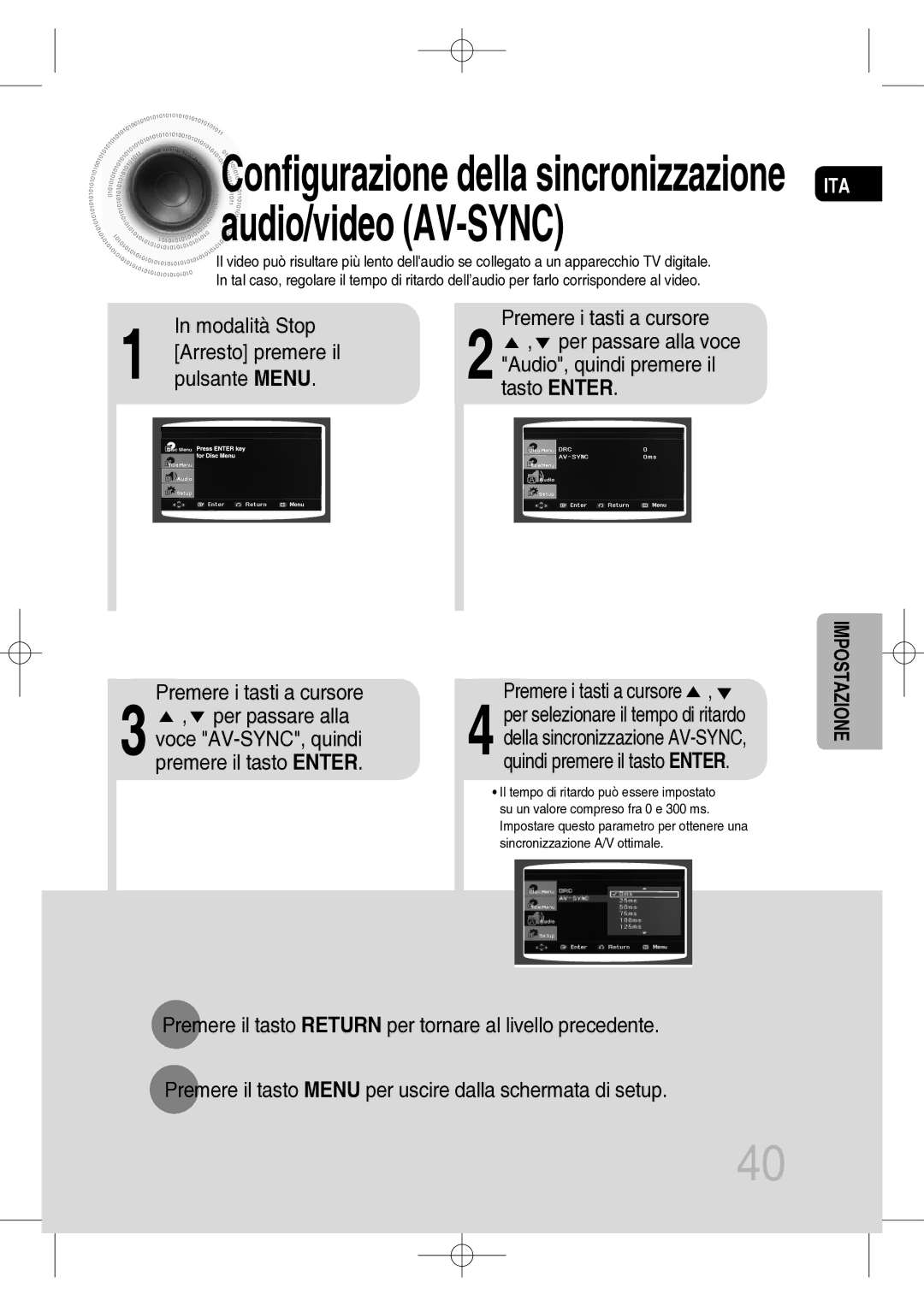 Samsung MM-C330D/XEF manual Configurazione della sincronizzazione audio/video AV-SYNC 