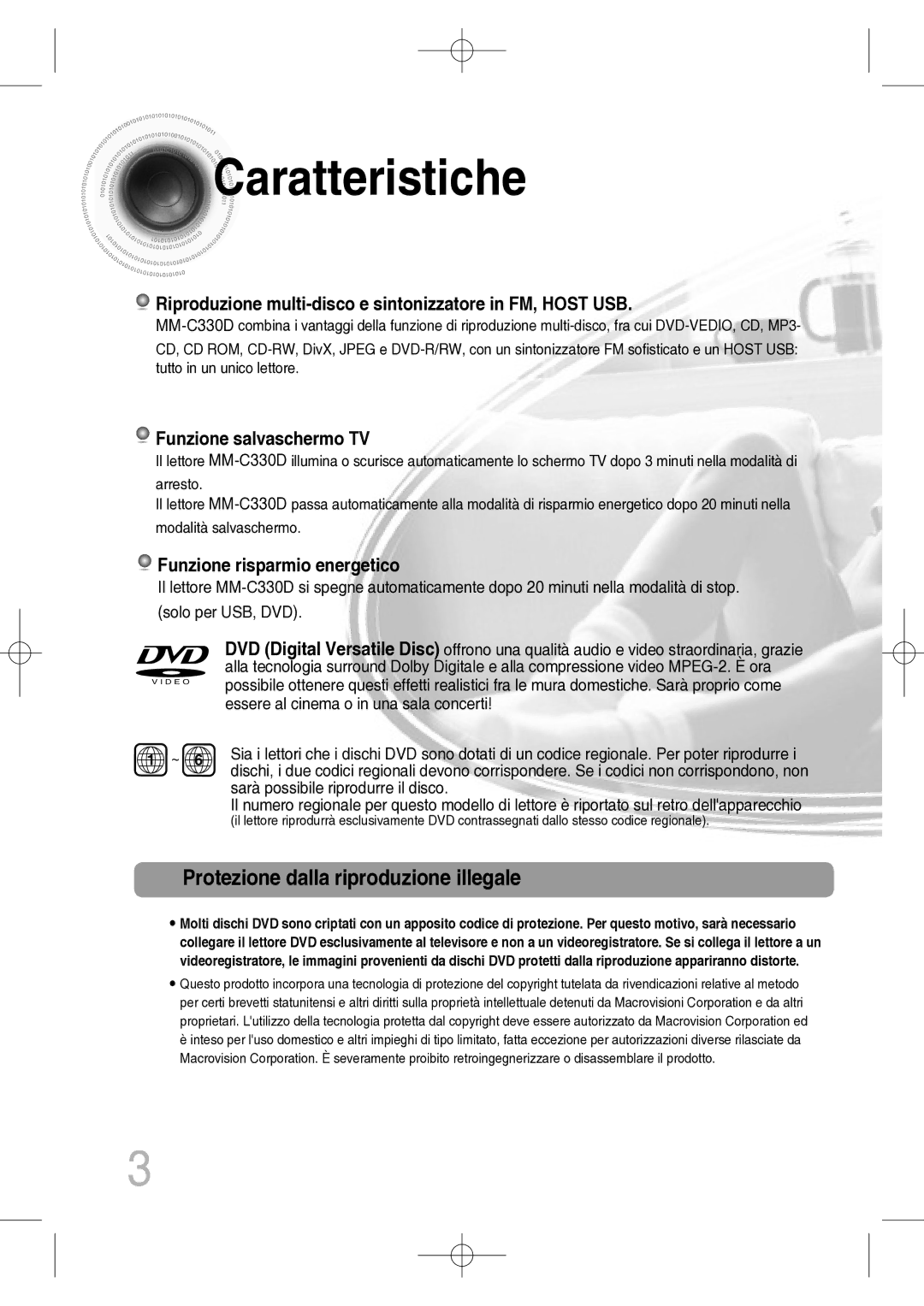 Samsung MM-C330D/XEF manual Caratteristiche, Protezione dalla riproduzione illegale 