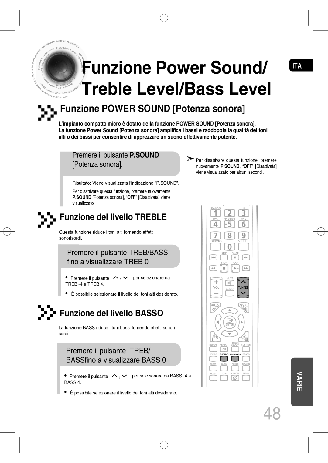 Samsung MM-C330D/XEF Premere il pulsante Treb BASSfino a visualizzare Bass, Premere il pulsante P.SOUND Potenza sonora 