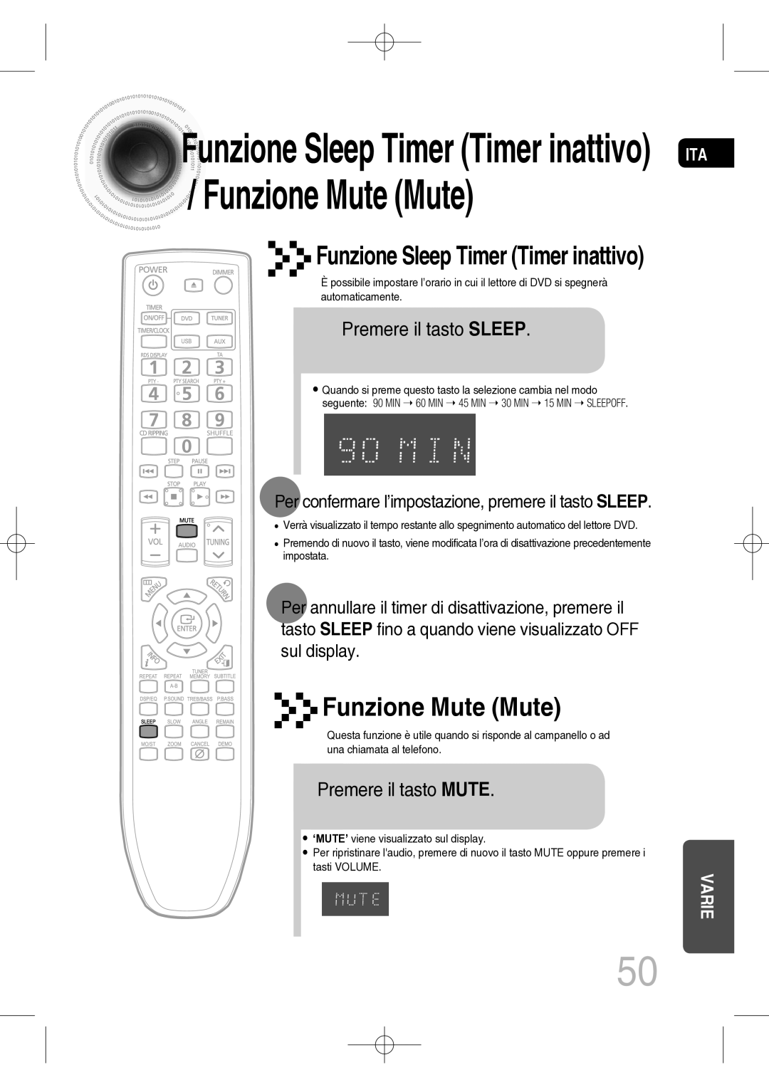 Samsung MM-C330D/XEF manual Funzione Sleep Timer Timer inattivo / Funzione Mute Mute 