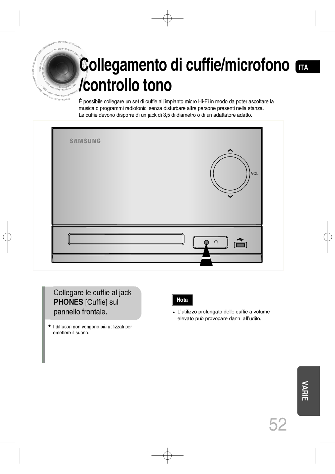 Samsung MM-C330D/XEF manual Collegamento di cuffie/microfono ITA /controllo tono 