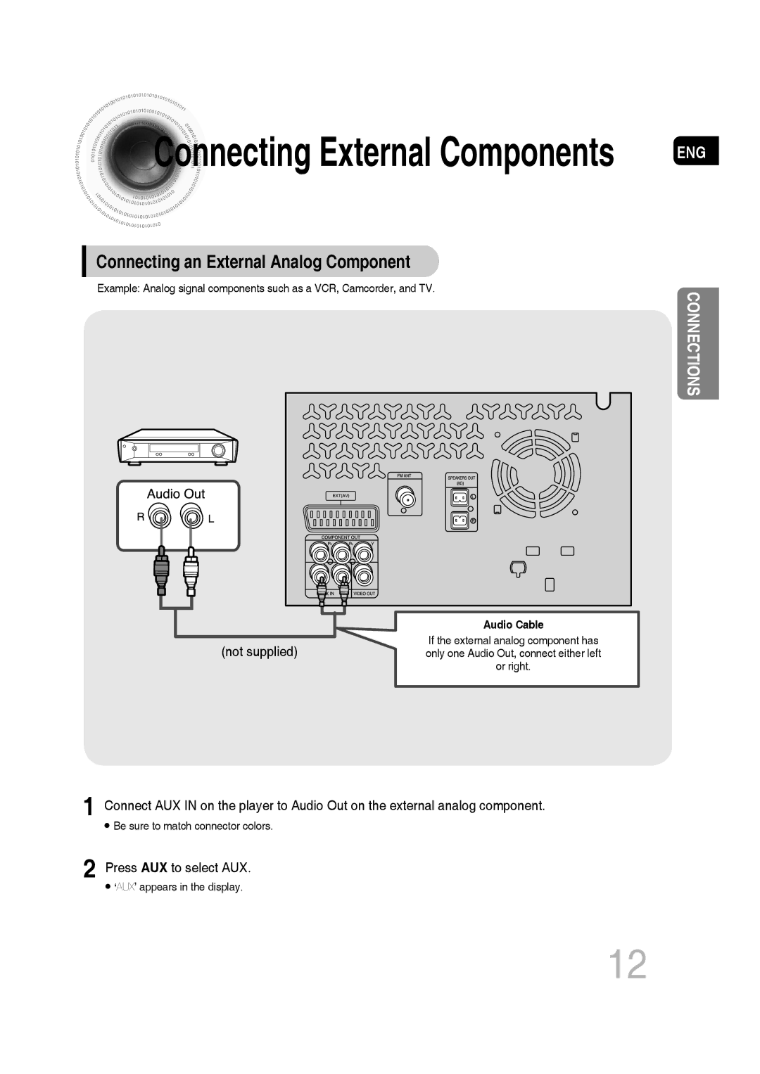 Samsung MM-C330/XEE, MM-C330D/XEN, MM-C330D/EDC, MM-C330/EDC manual Connecting an External Analog Component, Audio Cable 