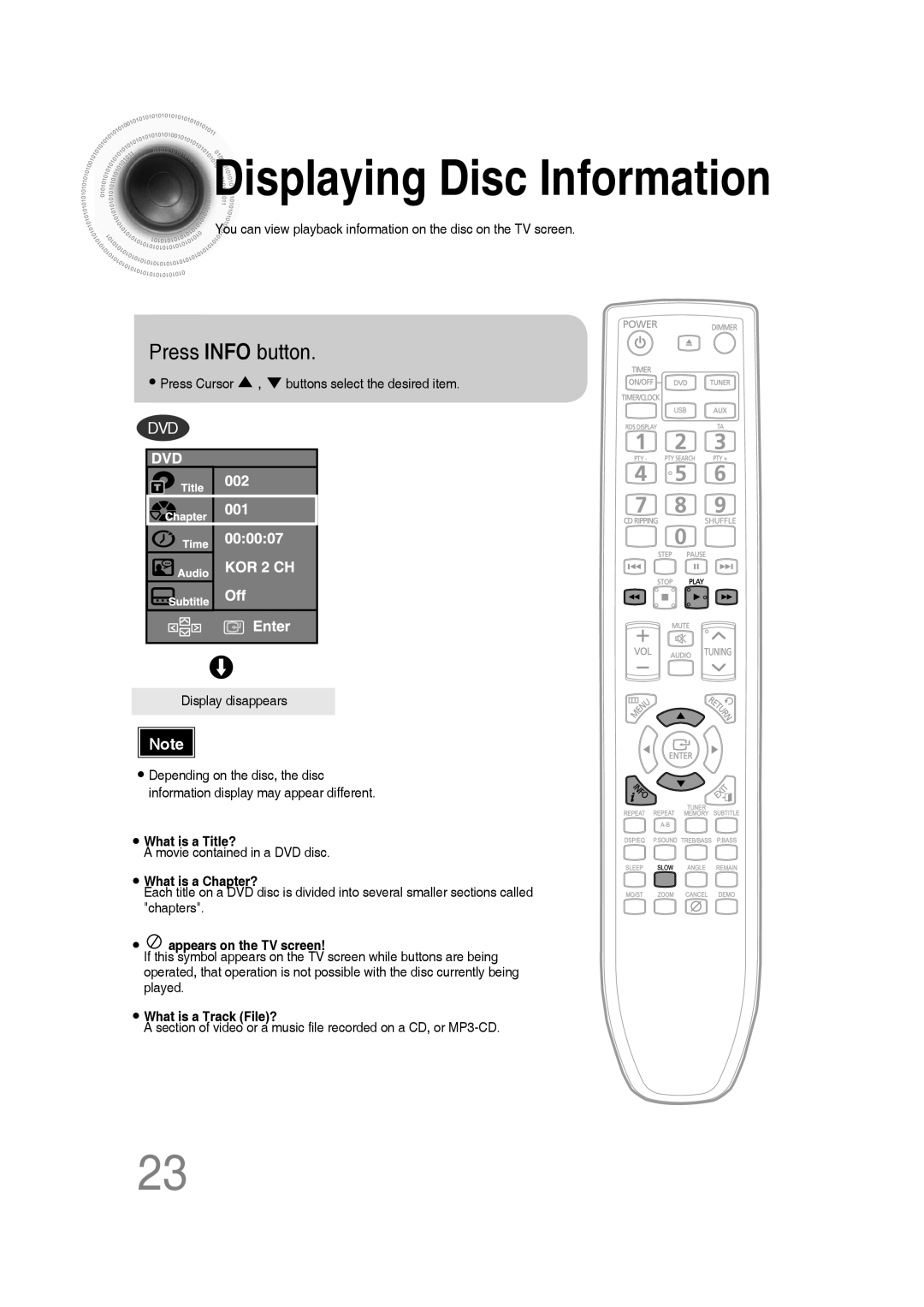 Samsung MM-C330D/XEN, MM-C330D/EDC, MM-C330/EDC, MM-C330D/XEE, MM-C330/XEE Displaying Disc Information, Press Info button 