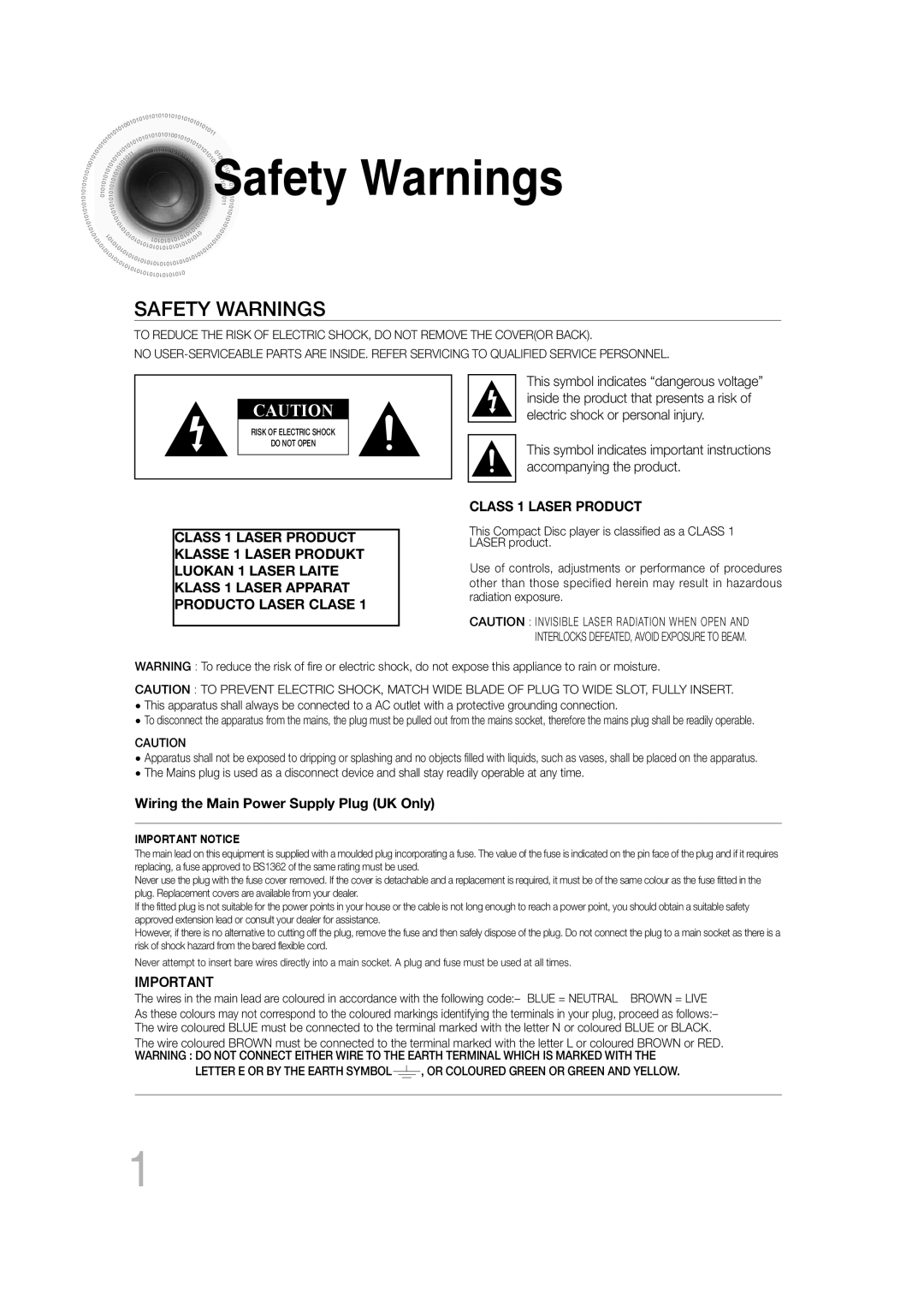 Samsung MM-C330D/XEE, MM-C330D/XEN, MM-C330D/EDC, MM-C330/EDC Safety Warnings, Wiring the Main Power Supply Plug UK Only 