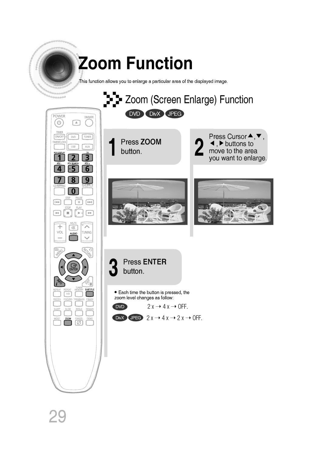 Samsung MM-C330D/EDC, MM-C330D/XEN, MM-C330/EDC, MM-C330D/XEE manual Zoom Function, Press Zoom button Press Enter button 