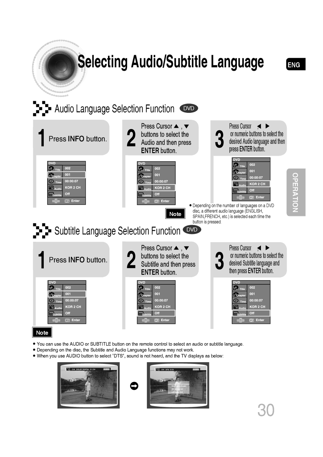 Samsung MM-C330/EDC manual Audio Language Selection Function, Press Info button Buttons to select, Audio and then press 